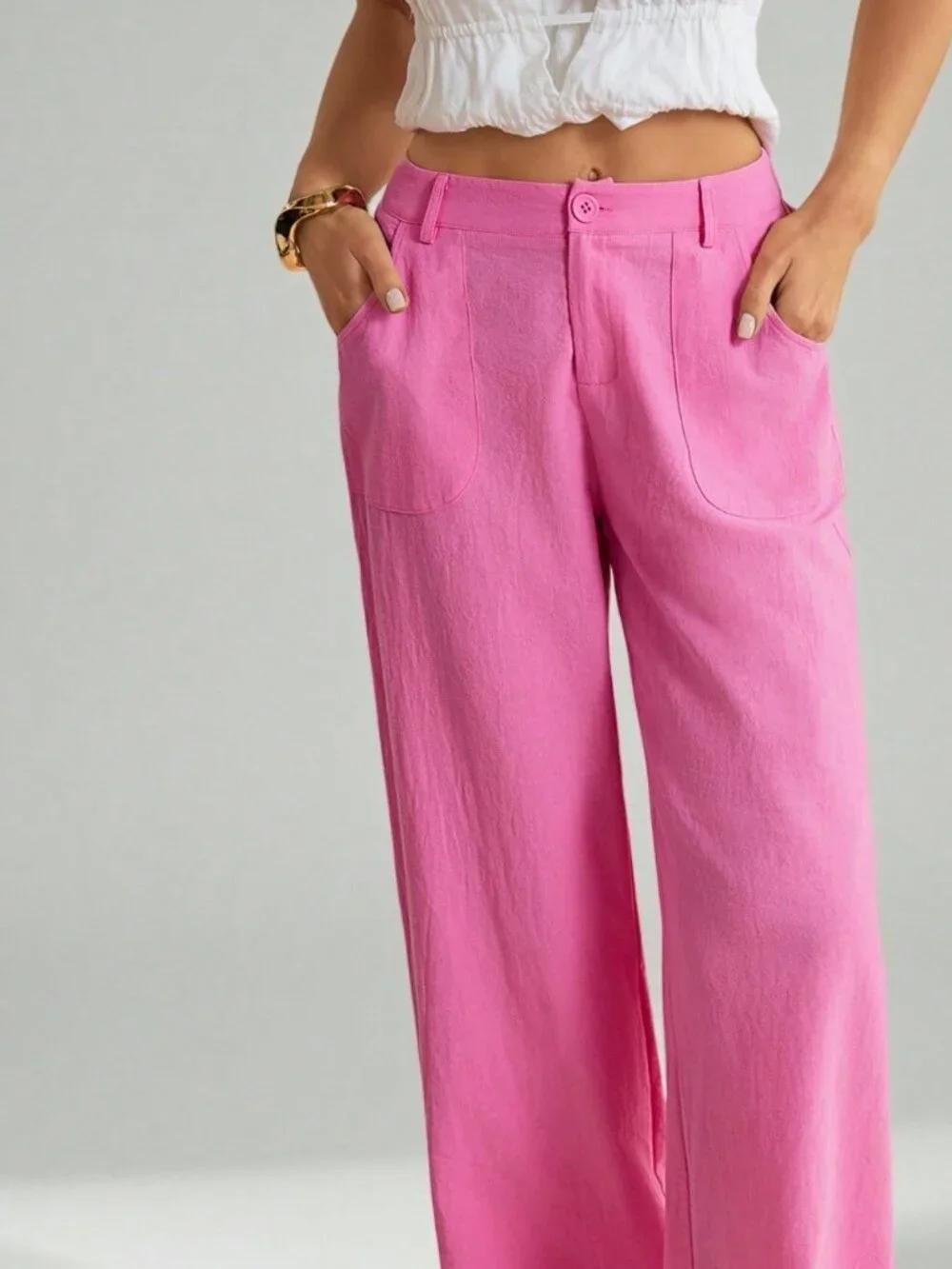 Hot Pink Casual Women's Washed Low Waist Straight Pants - Picture 5 of 6